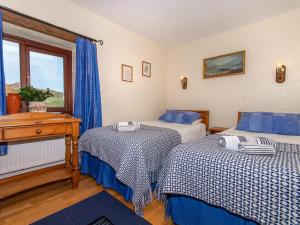 1 dormitorio con 2 camas, escritorio y ventana en Carn Llidi Cottage en St. Davids