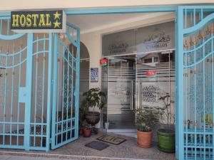 een hotelingang met blauwe deuren en potplanten bij HOSTAL REAL CERRILLOS in Moquegua