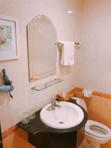 a bathroom with a sink and a toilet and a mirror at Little Gold Hue boutique hotel in Hue