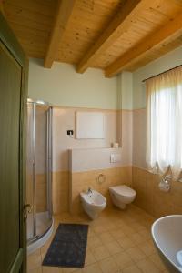 y baño con ducha, aseo y lavamanos. en Case Vacanza Orchidea, en Coreglia Antelminelli