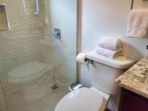 a bathroom with a toilet and a shower with towels at 'The Solace' New Luxury Modern 1Bed 1Bath Apt. in Portmore