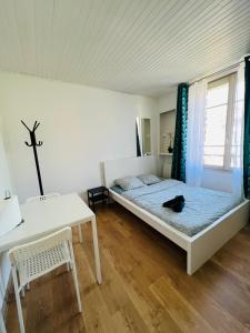 een slaapkamer met een bed met een kat erop bij Charmant logement centre ville Rosny Sous Bois in Rosny-sous-Bois