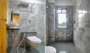 two pictures of a bathroom with a toilet and a sink at FabHotel Royal Palace in Indore