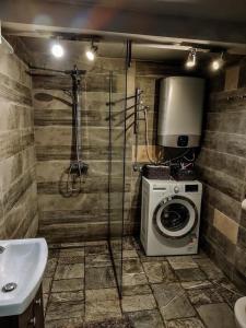 łazienka z prysznicem i pralką w obiekcie Bieszczadzka Sielanka w mieście Wojtkowa