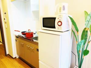 大阪的住宿－RLiS-house Shin-Osaka Kita - Vacation STAY 9529，厨房里冰箱上面的微波炉