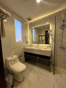 a bathroom with a toilet and a sink and a mirror at Lophorina Hotel in Al ‘Abābīd