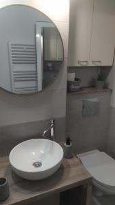 a bathroom with a sink and a mirror and a toilet at Ami Studio in Constanţa