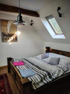 Bieszczadzka Sielanka في Wojtkowa: سرير في غرفة ذات سقف