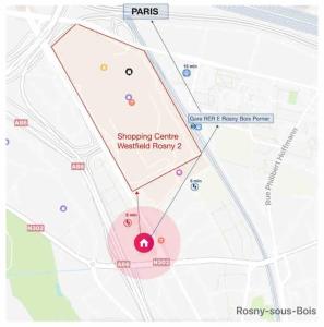 un mapa de un centro comercial con un círculo rojo en A louer Appartement 2 pièces à Rosny-sous- Bois, en Rosny-sous-Bois