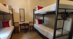 グアヤキルにあるDreamkapture Hostel close to the airport and bus terminalの二段ベッド2台とテーブルが備わる客室です。