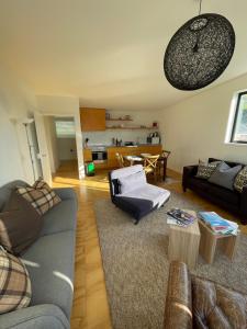 a living room with two couches and a table at Lake view apartment La Hay 66 in Queenstown