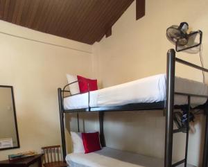 two bunk beds in a room with red pillows at Dreamkapture Hostel close to the airport and bus terminal in Guayaquil