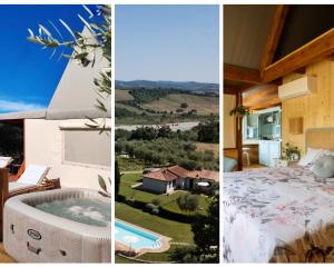 un collage de fotos de una villa con dormitorio y piscina en I Sicomori - Seme di Carota - Glamping e appartamenti con piscina a Saturnia en Saturnia