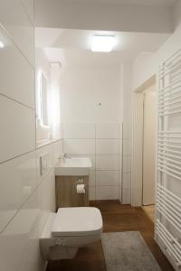a white bathroom with a toilet and a sink at Central apartment with Terrace and a free parking in Duisburg
