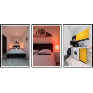 3 fotos de un dormitorio con cama y cocina en Residence Germot - Appartements design Centre Ville proche Thermes, en Vichy