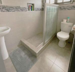 W łazience znajduje się toaleta, prysznic i umywalka. w obiekcie Busisiwe's RM Home w mieście Lusaka