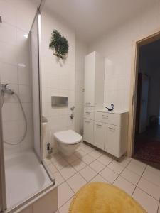 a white bathroom with a toilet and a shower at Dennis Apartment in Dresden