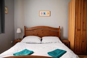 小莫拉夫卡的住宿－Ubytování U potůčku，一间卧室配有一张带两个绿色枕头的床