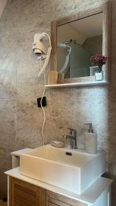 a bathroom with a sink and a mirror at Villa deluxe n'Bjeshkë in Dragash