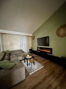 a living room with a couch and a fireplace at App design au centre des remparts d’Aigues-Mortes. in Aigues-Mortes