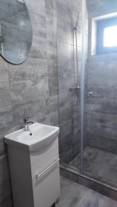 y baño con lavabo y ducha con espejo. en CASA RAUL, en Poiana Mărului