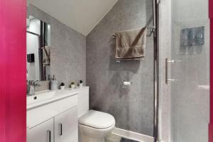 uma casa de banho com um WC, um lavatório e um chuveiro em Neat Retreat Graig Pontypridd em Pontypridd