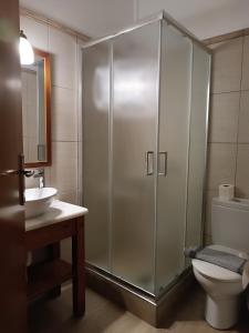 a bathroom with a shower and a toilet and a sink at Paraktio Beach Apartments in Kiotari
