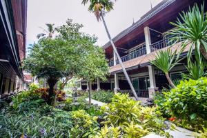 ピピ島にあるPhi Phi Banyan Villaの木々の植わる建物前の庭園