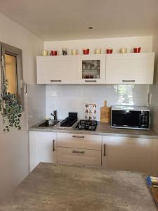 eine Küche mit weißen Schränken und einer Mikrowelle in der Unterkunft Cosy rez-de-jardin de villa in Brignoles