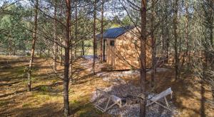 a small wooden cabin in the middle of a forest at Forestic Lietuva in Vilionys