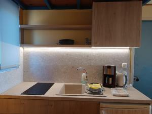 a kitchen with a sink and a counter top at Paraktio Beach Apartments in Kiotari