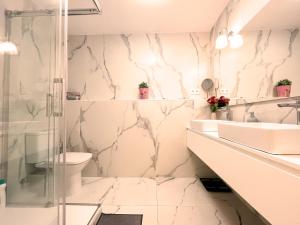 y baño con ducha, lavabo y aseo. en Bcn Centric Rooms en Barcelona
