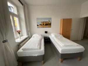 a hospital room with two beds and a window at Fewo Berta in Schwerin