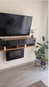 a flat screen tv on a wall with a potted plant at Appartement cosy et bien équipé in Nanterre