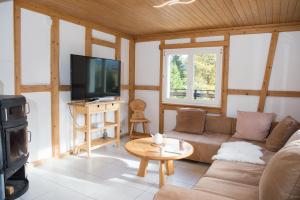 ein Wohnzimmer mit einem Sofa und einem Flachbild-TV in der Unterkunft Ferienhaus Tgantieni Ski-in Ski-out-Lenzerheide in Lenzerheide