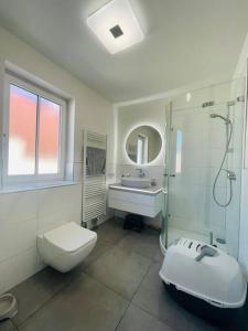 e bagno con servizi igienici, lavandino e doccia. di Moderne Wohnung in City Nähe a Mörfelden-Walldorf