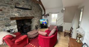 sala de estar con muebles de color rojo y chimenea de piedra. en Newly Renovated stone cottage located 2.5 miles from Killarney Town, en Teernaboul