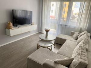a living room with a couch and a tv at Białe Noce Apartament in Biała Podlaska