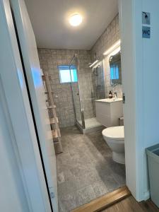 a bathroom with a toilet and a sink at Apartment Fernsicht in Borgarnes