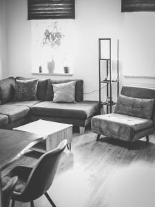 a living room with a couch and a chair at Die Praxis - Wohnen als Therapie in Arnstadt +40 photos