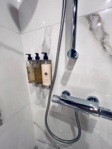 y baño blanco con ducha y manguera. en Apartamenty Żary, en Żary