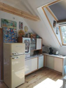 a kitchen with a refrigerator in a room at Space Loft Graz in Graz