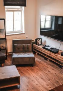 sala de estar con sofá y TV de pantalla plana en Die Praxis - Wohnen als Therapie, en Arnstadt