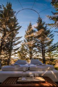 a group of four mattresses on a table with trees at Buubble Hotel - Ölvisholt in Selfoss