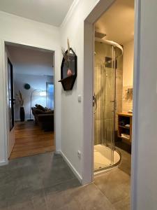 baño con ducha y puerta de cristal en Ferienhaus Ella en Trautskirchen