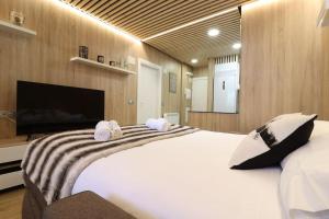 a bedroom with a large white bed and a flat screen tv at Apartamento Hartza in Vielha