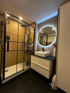 a bathroom with a sink and a mirror at Appartement Port Marianne/Arenes in Montpellier