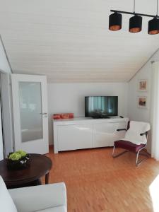 sala de estar con TV, sofá y mesa en Charmante Wohnung, en Aalen