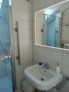 La salle de bains est pourvue d'un lavabo, d'un miroir et d'une douche. dans l'établissement Charmante Wohnung, à Aalen