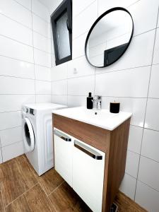 een badkamer met een wastafel en een wasmachine bij Kiko apartmani LUX in Zrenjanin